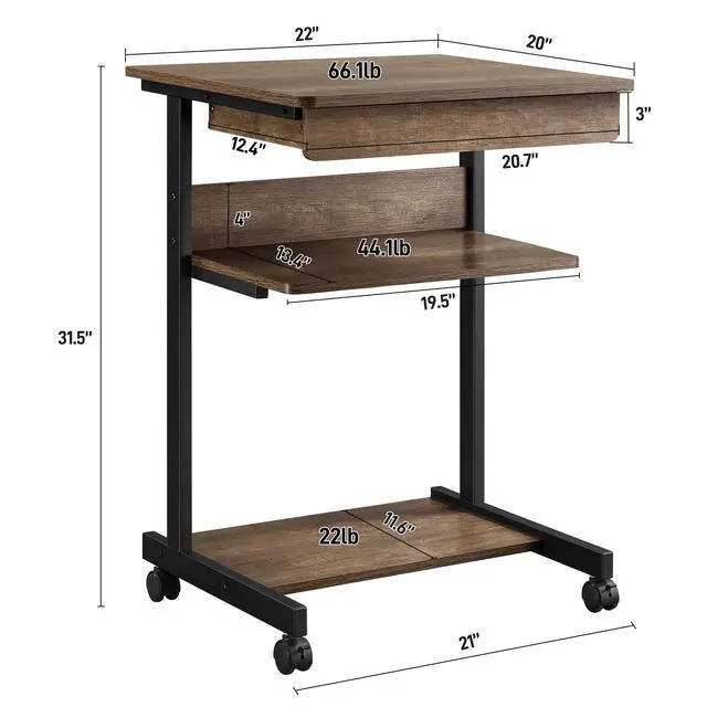 Alt view image 3 of 6 - Rolling Computer Desk for Small Spaces, Laptop Computer Desk with Wheels, Mobile Standing Desk Compact Student Bedside Table Taupe Wood