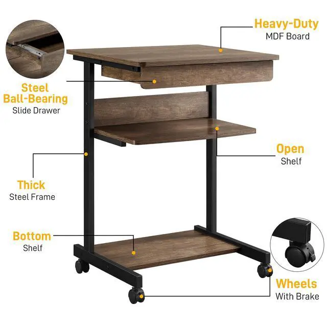 Alt view image 4 of 6 - Rolling Computer Desk for Small Spaces, Laptop Computer Desk with Wheels, Mobile Standing Desk Compact Student Bedside Table Taupe Wood
