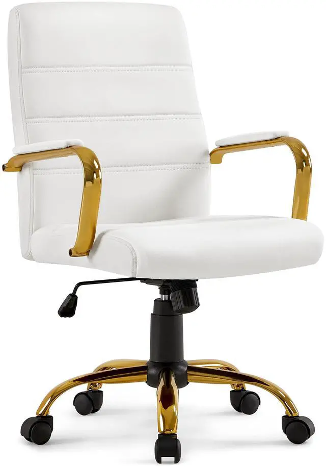 Main image of Office Desk Chair Mid-Back Adjustable PU Leather Executive Chair w/Gold Frame White Seat