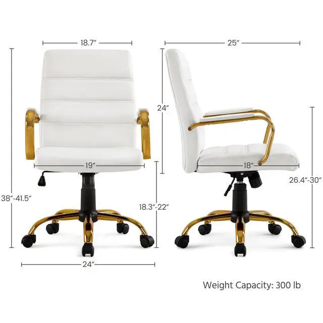 Alt view image 2 of 5 - Office Desk Chair Mid-Back Adjustable PU Leather Executive Chair w/Gold Frame White Seat