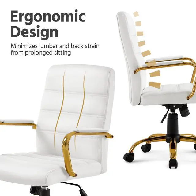 Alt view image 4 of 5 - Office Desk Chair Mid-Back Adjustable PU Leather Executive Chair w/Gold Frame White Seat