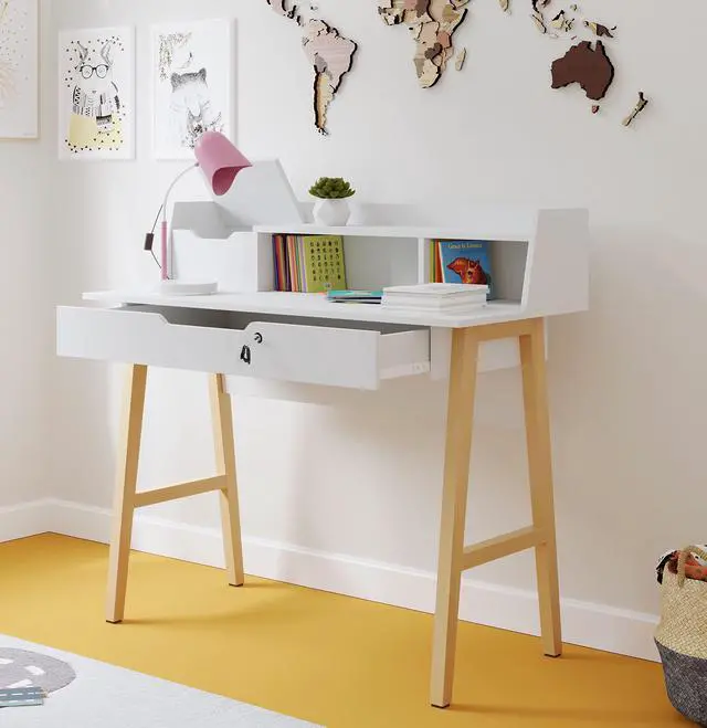 Main image of Modern Design Roma Small Desk for Bedroom, 40 inch White Writing Desk with Hutch and Locking Drawer, by Crafts and Comfort