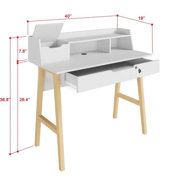 Alt view image 2 of 6 - Modern Design Roma Small Desk for Bedroom, 40 inch White Writing Desk with Hutch and Locking Drawer, by Crafts and Comfort