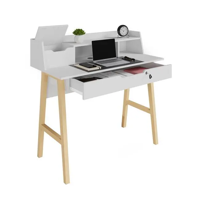 Alt view image 3 of 6 - Modern Design Roma Small Desk for Bedroom, 40 inch White Writing Desk with Hutch and Locking Drawer, by Crafts and Comfort