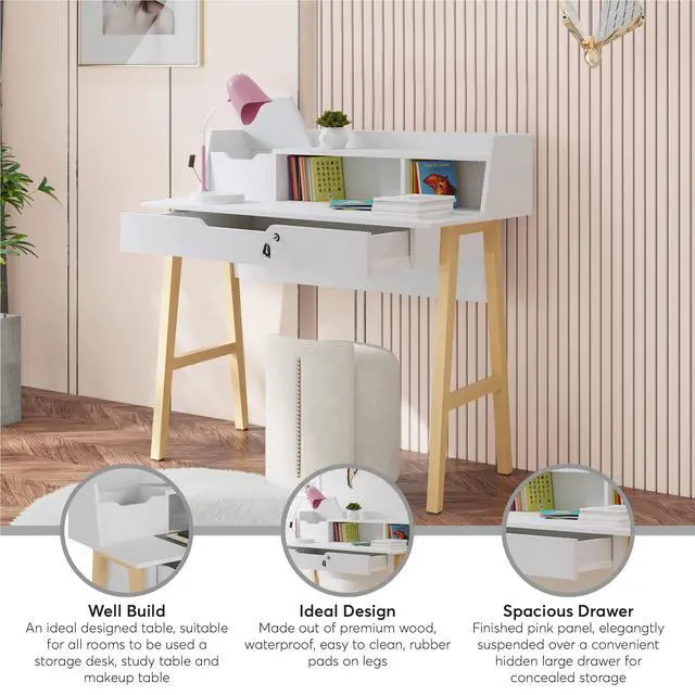Alt view image 4 of 6 - Modern Design Roma Small Desk for Bedroom, 40 inch White Writing Desk with Hutch and Locking Drawer, by Crafts and Comfort