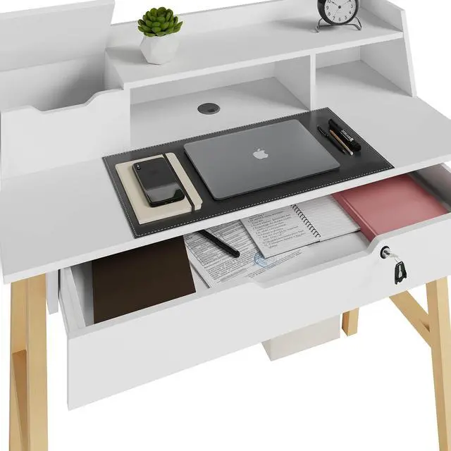 Alt view image 5 of 6 - Modern Design Roma Small Desk for Bedroom, 40 inch White Writing Desk with Hutch and Locking Drawer, by Crafts and Comfort