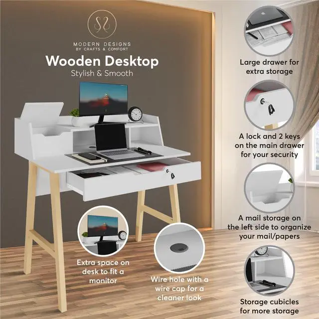 Alt view image 6 of 6 - Modern Design Roma Small Desk for Bedroom, 40 inch White Writing Desk with Hutch and Locking Drawer, by Crafts and Comfort