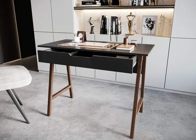 Alt view image 3 of 6 - Modern Design Parma Small Desk for Bedroom, Black 42 Inch Writing Desk with Drawer, by Crafts and Comfort