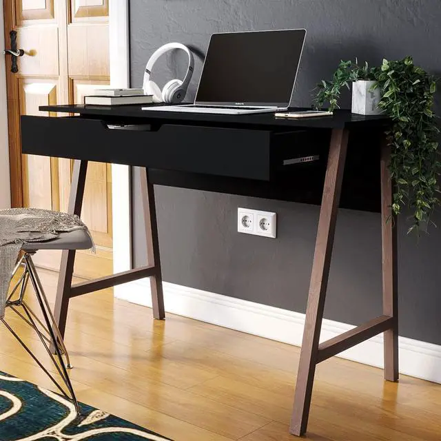 Alt view image 5 of 6 - Modern Design Parma Small Desk for Bedroom, Black 42 Inch Writing Desk with Drawer, by Crafts and Comfort