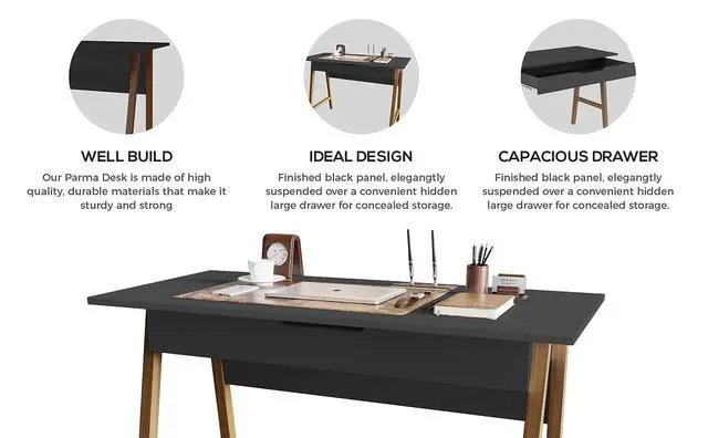 Alt view image 6 of 6 - Modern Design Parma Small Desk for Bedroom, Black 42 Inch Writing Desk with Drawer, by Crafts and Comfort