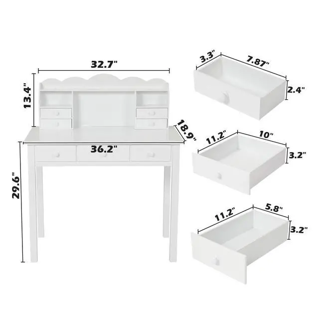 Alt view image 2 of 6 - Writing Desk with 7 Drawers, Home Office Desk with Hutch, Student Desk Study Table, Small White Desks, Solid Pine Wood Legs