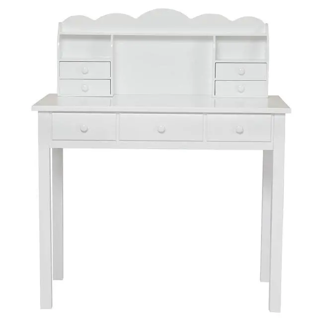 Alt view image 5 of 6 - Writing Desk with 7 Drawers, Home Office Desk with Hutch, Student Desk Study Table, Small White Desks, Solid Pine Wood Legs