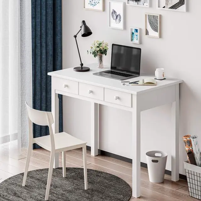 Alt view image 6 of 6 - Writing Desk with 7 Drawers, Home Office Desk with Hutch, Student Desk Study Table, Small White Desks, Solid Pine Wood Legs