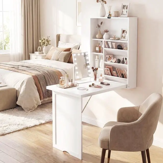 Alt view image 2 of 6 - Folding Wall Mounted Desk, Convertible Fold Out Floating Table with Storage Shelves, Space-Saving Drop Leaf Table, Murphy Desk for Craft, Study, Small Spaces, Home Office, Dorm, White