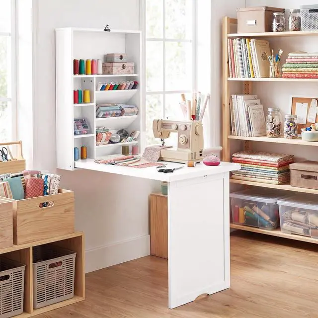 Alt view image 4 of 6 - Folding Wall Mounted Desk, Convertible Fold Out Floating Table with Storage Shelves, Space-Saving Drop Leaf Table, Murphy Desk for Craft, Study, Small Spaces, Home Office, Dorm, White