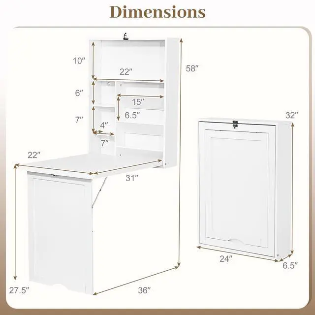 Alt view image 5 of 6 - Folding Wall Mounted Desk, Convertible Fold Out Floating Table with Storage Shelves, Space-Saving Drop Leaf Table, Murphy Desk for Craft, Study, Small Spaces, Home Office, Dorm, White