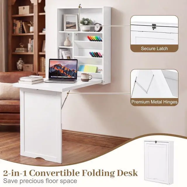 Alt view image 6 of 6 - Folding Wall Mounted Desk, Convertible Fold Out Floating Table with Storage Shelves, Space-Saving Drop Leaf Table, Murphy Desk for Craft, Study, Small Spaces, Home Office, Dorm, White