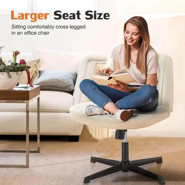 Alt view image 3 of 6 - Criss Cross Chair, Armless Desk Chair no Wheels, Cross Legged Office Chair, Swivel Vanity Chair, Height Adjustable Wide Seat Computer Task Chair for Home Office (Beige)