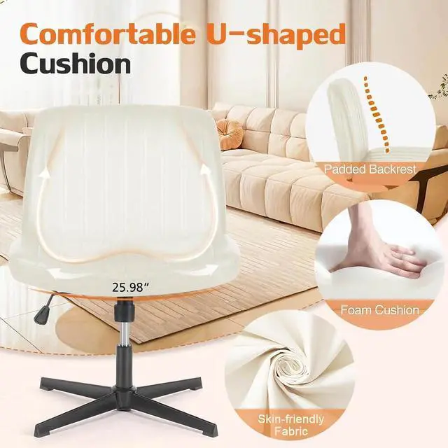 Alt view image 4 of 6 - Criss Cross Chair, Armless Desk Chair no Wheels, Cross Legged Office Chair, Swivel Vanity Chair, Height Adjustable Wide Seat Computer Task Chair for Home Office (Beige)