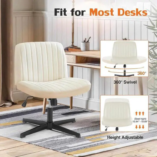 Alt view image 6 of 6 - Criss Cross Chair, Armless Desk Chair no Wheels, Cross Legged Office Chair, Swivel Vanity Chair, Height Adjustable Wide Seat Computer Task Chair for Home Office (Beige)