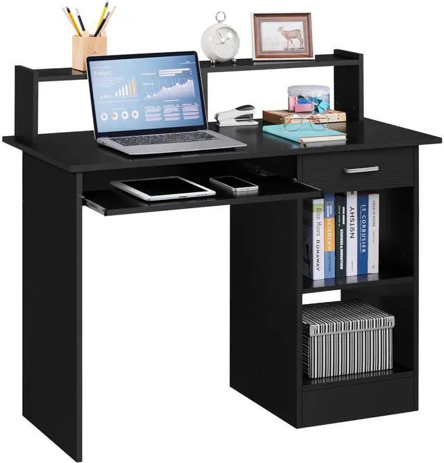 Main image of Home Office Wood Computer Desk with Drawers and Pull-Out Keyboard Tray, Study Writing Desk PC Laptop Table with Hutch and Storage Shelves, Modern Workstation, Black