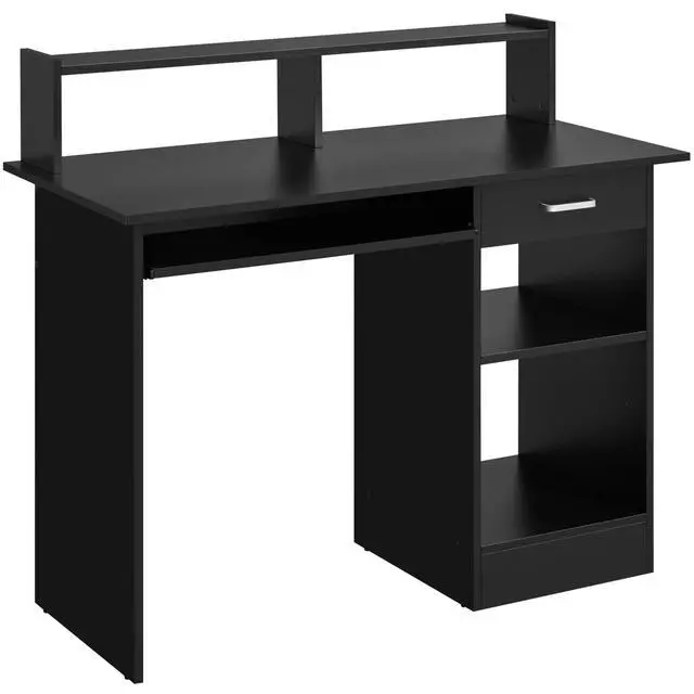 Alt view image 4 of 6 - Home Office Wood Computer Desk with Drawers and Pull-Out Keyboard Tray, Study Writing Desk PC Laptop Table with Hutch and Storage Shelves, Modern Workstation, Black
