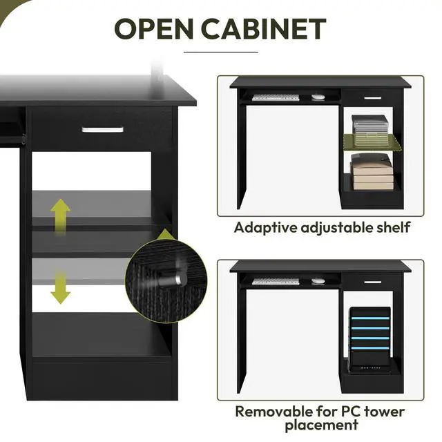 Alt view image 6 of 6 - Home Office Wood Computer Desk with Drawers and Pull-Out Keyboard Tray, Study Writing Desk PC Laptop Table with Hutch and Storage Shelves, Modern Workstation, Black