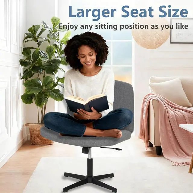 Alt view image 3 of 6 - Criss Cross Chair, Armless Desk Chair no Wheels, Cross Legged Office Chair, Swivel Vanity Chair, Height Adjustable Wide Seat Computer Task Chair for Home Office (Grey)