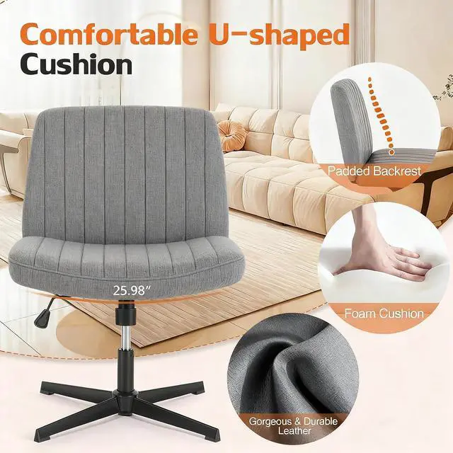 Alt view image 4 of 6 - Criss Cross Chair, Armless Desk Chair no Wheels, Cross Legged Office Chair, Swivel Vanity Chair, Height Adjustable Wide Seat Computer Task Chair for Home Office (Grey)