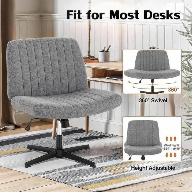 Alt view image 6 of 6 - Criss Cross Chair, Armless Desk Chair no Wheels, Cross Legged Office Chair, Swivel Vanity Chair, Height Adjustable Wide Seat Computer Task Chair for Home Office (Grey)