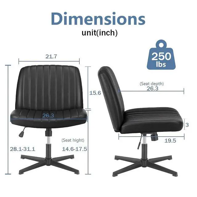 Alt view image 2 of 6 - Criss Cross Chair, Armless Desk Chair no Wheels, Cross Legged Office Chair, Swivel Vanity Chair, Height Adjustable Wide Seat Computer Task Chair for Home Office (Black)