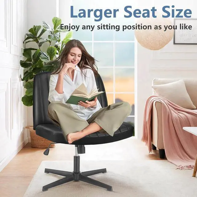 Alt view image 3 of 6 - Criss Cross Chair, Armless Desk Chair no Wheels, Cross Legged Office Chair, Swivel Vanity Chair, Height Adjustable Wide Seat Computer Task Chair for Home Office (Black)
