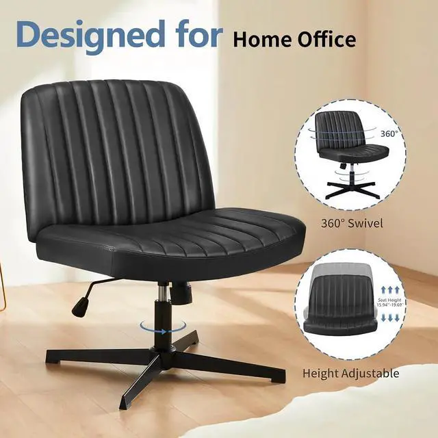 Alt view image 6 of 6 - Criss Cross Chair, Armless Desk Chair no Wheels, Cross Legged Office Chair, Swivel Vanity Chair, Height Adjustable Wide Seat Computer Task Chair for Home Office (Black)