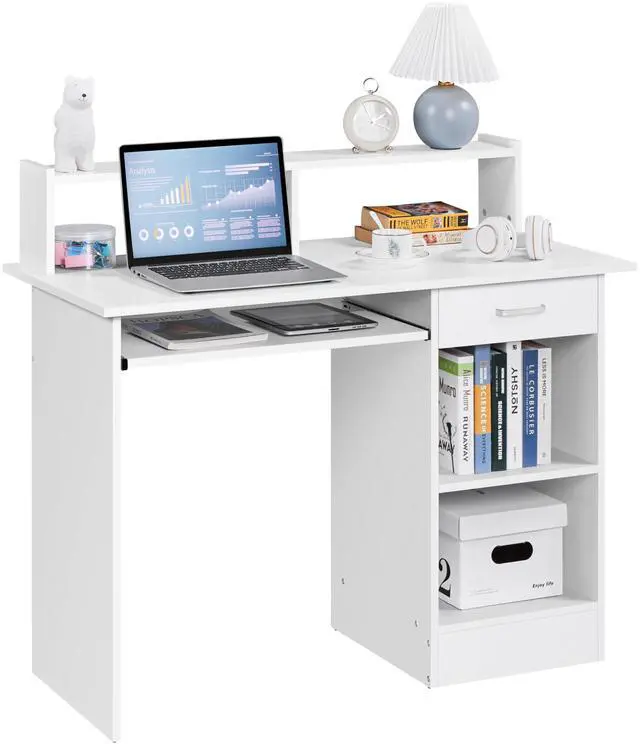 Main image of Home Office Wood Computer Desk with Keyboard Tray and Drawers, Students Writing Table with Storage Drawers & Hutch, Modern PC Laptop Desk, Multifunctional Workstation, White