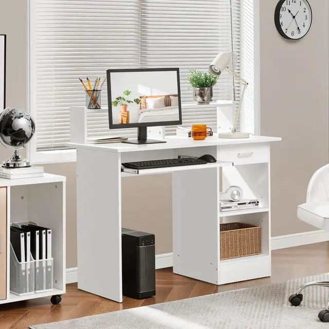 Alt view image 2 of 6 - Home Office Wood Computer Desk with Keyboard Tray and Drawers, Students Writing Table with Storage Drawers & Hutch, Modern PC Laptop Desk, Multifunctional Workstation, White