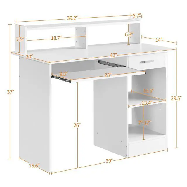 Alt view image 3 of 6 - Home Office Wood Computer Desk with Keyboard Tray and Drawers, Students Writing Table with Storage Drawers & Hutch, Modern PC Laptop Desk, Multifunctional Workstation, White
