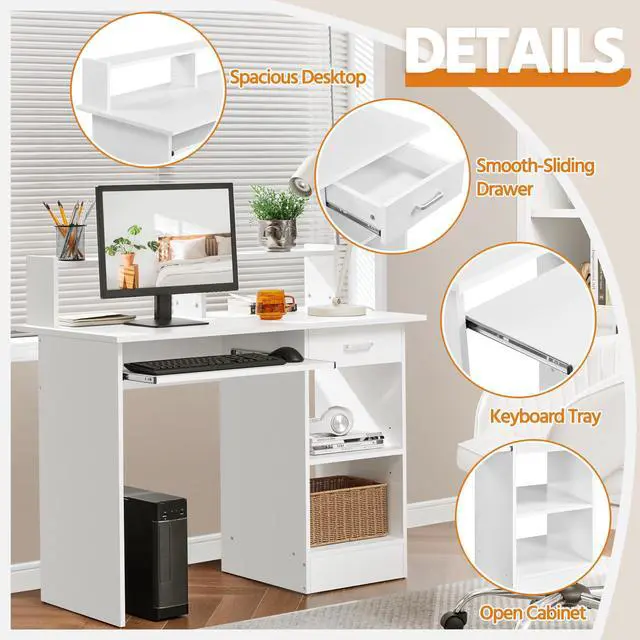 Alt view image 4 of 6 - Home Office Wood Computer Desk with Keyboard Tray and Drawers, Students Writing Table with Storage Drawers & Hutch, Modern PC Laptop Desk, Multifunctional Workstation, White