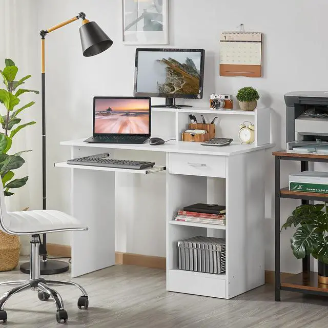 Alt view image 6 of 6 - Home Office Wood Computer Desk with Keyboard Tray and Drawers, Students Writing Table with Storage Drawers & Hutch, Modern PC Laptop Desk, Multifunctional Workstation, White