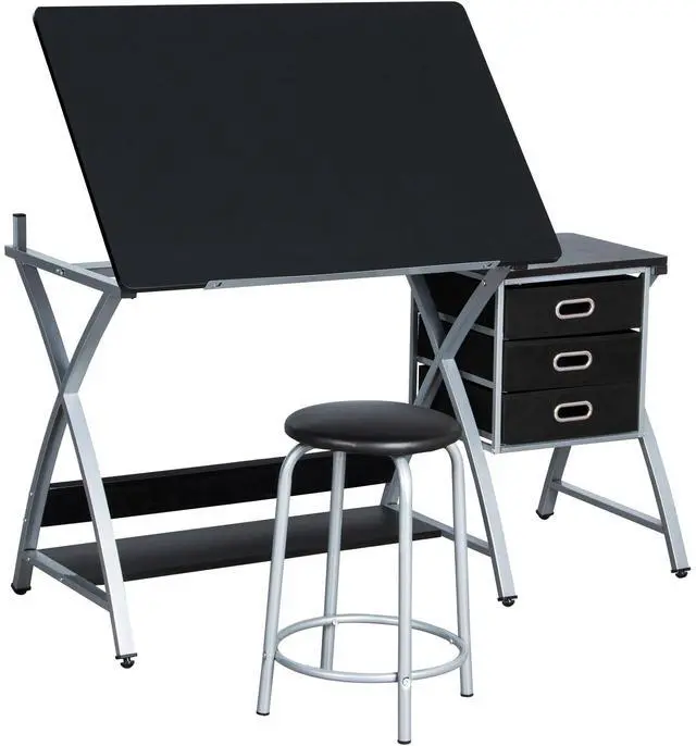 Main image of Drafting Desk, Drawing Table for Artists/Adults, Art Desk w/Stool and 3 Slide Drawers, Painting Studio Design Work Station, Adjustable Tabletop, Modern, 50.5 x 24 x 45 inch