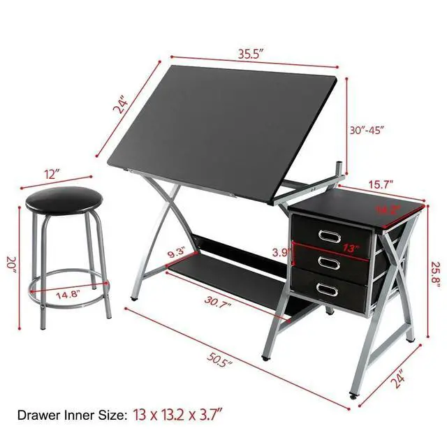 Alt view image 3 of 6 - Drafting Desk, Drawing Table for Artists/Adults, Art Desk w/Stool and 3 Slide Drawers, Painting Studio Design Work Station, Adjustable Tabletop, Modern, 50.5 x 24 x 45 inch