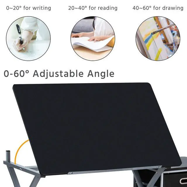 Alt view image 6 of 6 - Drafting Desk, Drawing Table for Artists/Adults, Art Desk w/Stool and 3 Slide Drawers, Painting Studio Design Work Station, Adjustable Tabletop, Modern, 50.5 x 24 x 45 inch