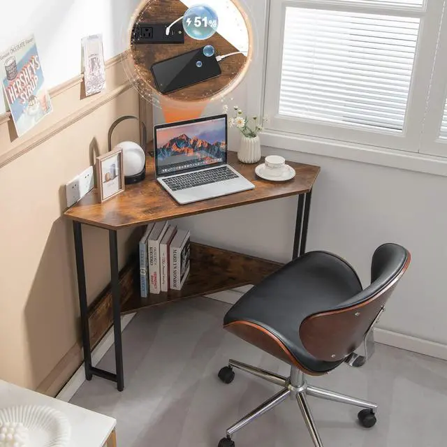 Alt view image 2 of 6 - Corner Computer Desk, with USB Ports & Power Outlet, Storage Shelf for Small Space, Triangle Steel Frame Corner Desk for Home Office, Workstation (Rustic Brown)