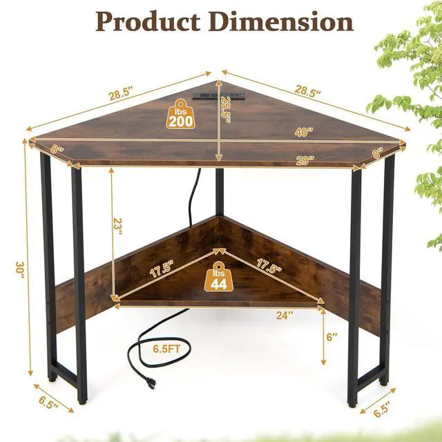 Alt view image 3 of 6 - Corner Computer Desk, with USB Ports & Power Outlet, Storage Shelf for Small Space, Triangle Steel Frame Corner Desk for Home Office, Workstation (Rustic Brown)