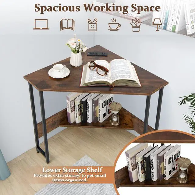 Alt view image 4 of 6 - Corner Computer Desk, with USB Ports & Power Outlet, Storage Shelf for Small Space, Triangle Steel Frame Corner Desk for Home Office, Workstation (Rustic Brown)