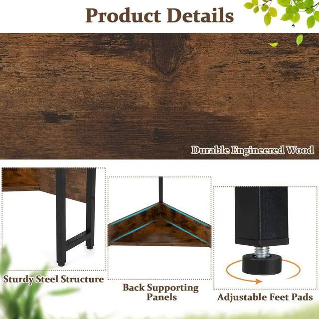 Alt view image 6 of 6 - Corner Computer Desk, with USB Ports & Power Outlet, Storage Shelf for Small Space, Triangle Steel Frame Corner Desk for Home Office, Workstation (Rustic Brown)