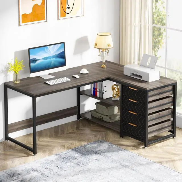 Main image of L Shaped Computer Desk with Storage Drawers, 59 inch Corner Desk with Shelves, Reversible L-Shaped Office Desk Writing Table Workstation for Home Office, Grey