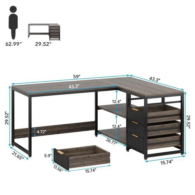 Alt view image 2 of 6 - L Shaped Computer Desk with Storage Drawers, 59 inch Corner Desk with Shelves, Reversible L-Shaped Office Desk Writing Table Workstation for Home Office, Grey