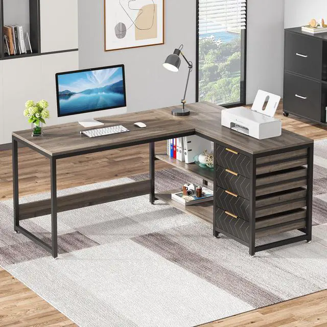 Alt view image 3 of 6 - L Shaped Computer Desk with Storage Drawers, 59 inch Corner Desk with Shelves, Reversible L-Shaped Office Desk Writing Table Workstation for Home Office, Grey
