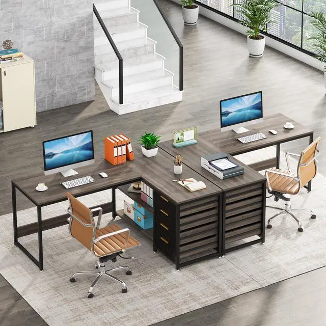 Alt view image 4 of 6 - L Shaped Computer Desk with Storage Drawers, 59 inch Corner Desk with Shelves, Reversible L-Shaped Office Desk Writing Table Workstation for Home Office, Grey