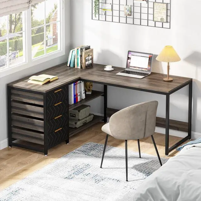 Alt view image 5 of 6 - L Shaped Computer Desk with Storage Drawers, 59 inch Corner Desk with Shelves, Reversible L-Shaped Office Desk Writing Table Workstation for Home Office, Grey